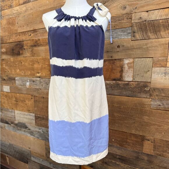 Banana Republic Blue and Cream Ruffled lined Silk Sundress with shoulder tie sz4 - Picture 1 of 6